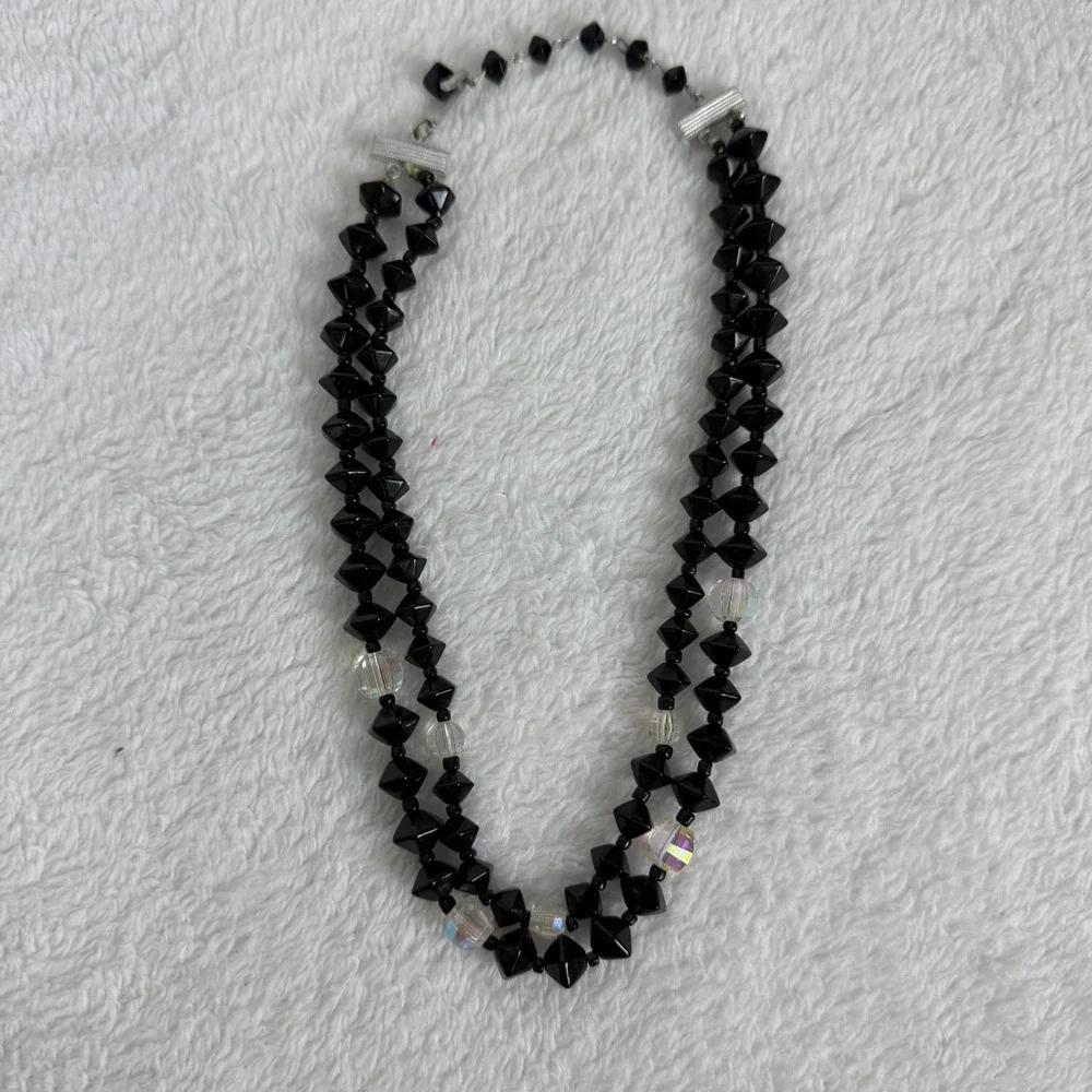 Vintage Japan Double Strand Black Faceted Bead Crystal‎ Choker Necklace 14-16in